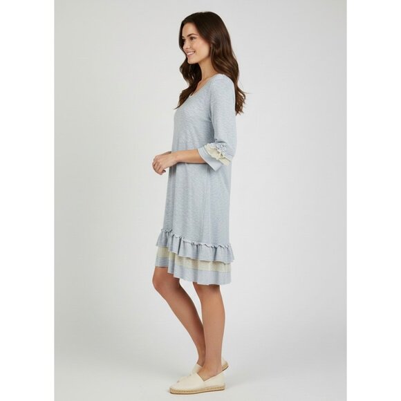 Heather Gray Blue Cream Tiered Ruffle Lace Trim Tunic Mini Dress | Coquette Boho - Picture 11 of 15